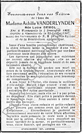 Lucie Demol pouse de Achile Vanderlynden, dcde  Steenvoorde, le 25 Juillet 1967.